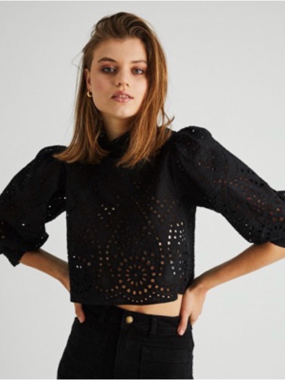ROLLA'S Black Eyelet Puff-Sleeve Blouse M